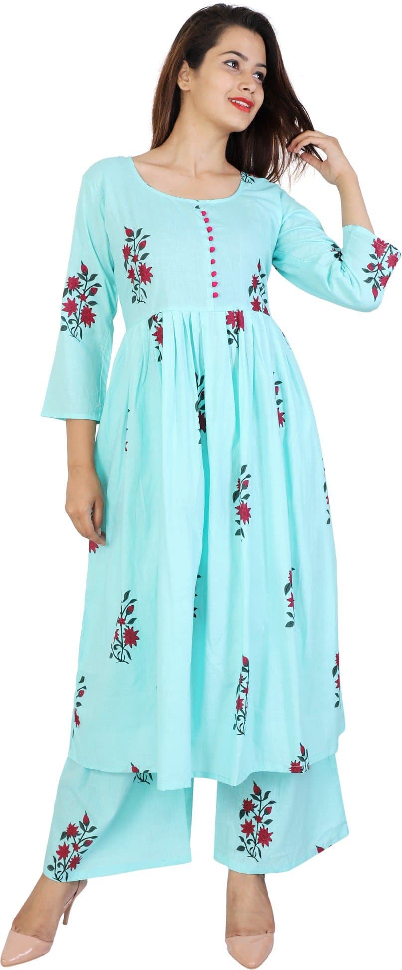 Blue Round Neck Printed Kurta and Palazzo Set