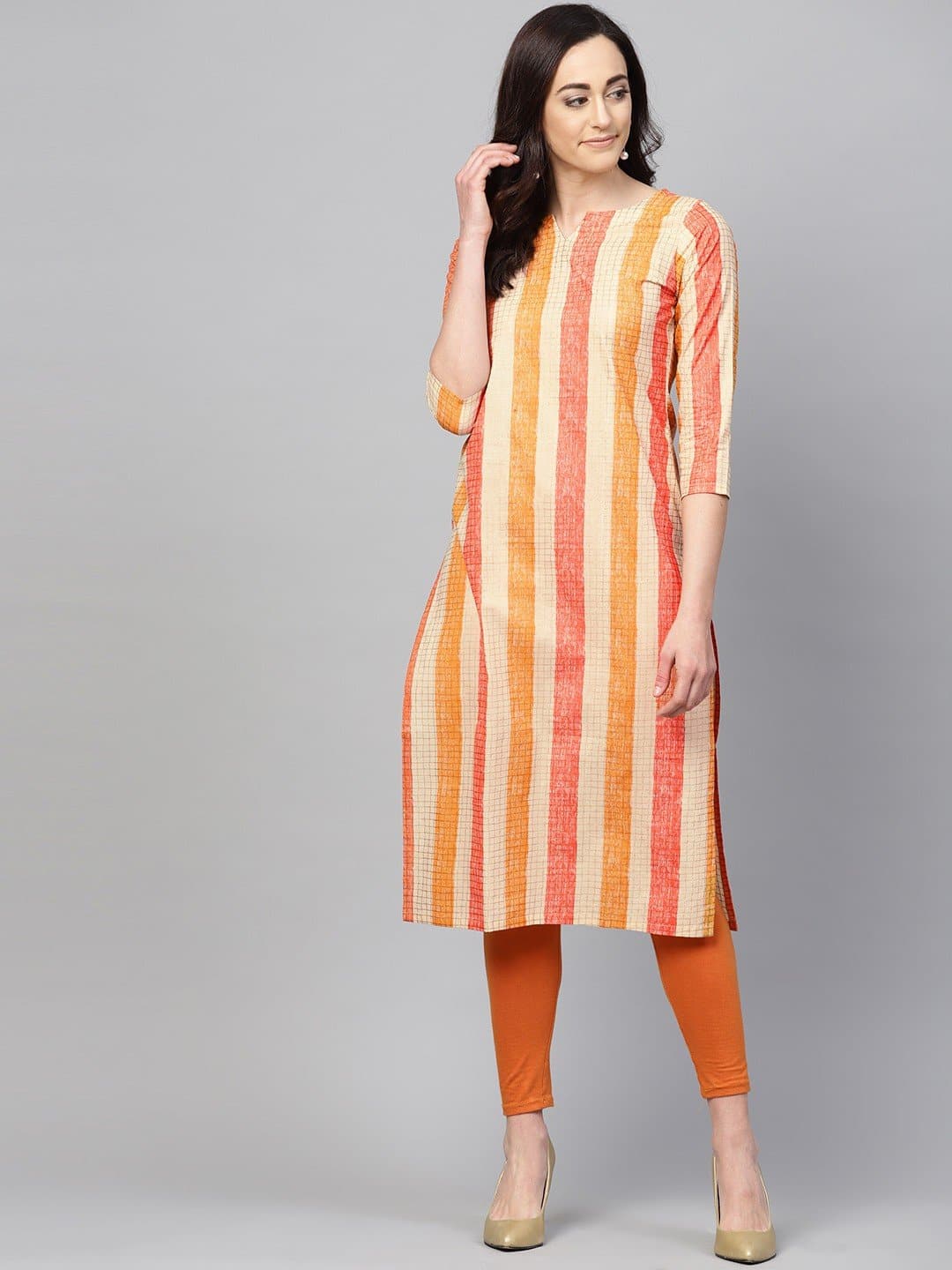 Orange Sweetheart Neck Three Quarter Sleeve Striped, Checkered Straight Kurta