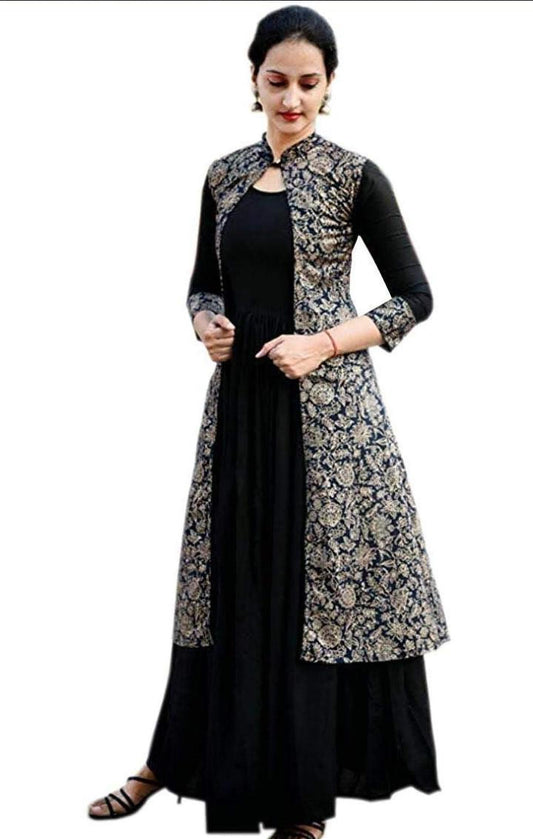 Black Mandarin Collar Printed Ethnic Jacket and Kurta Set