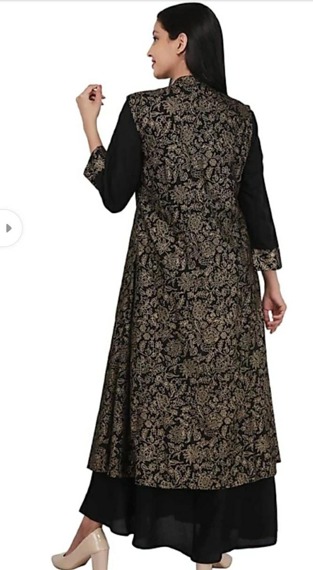 Black Mandarin Collar Printed Ethnic Jacket and Kurta Set