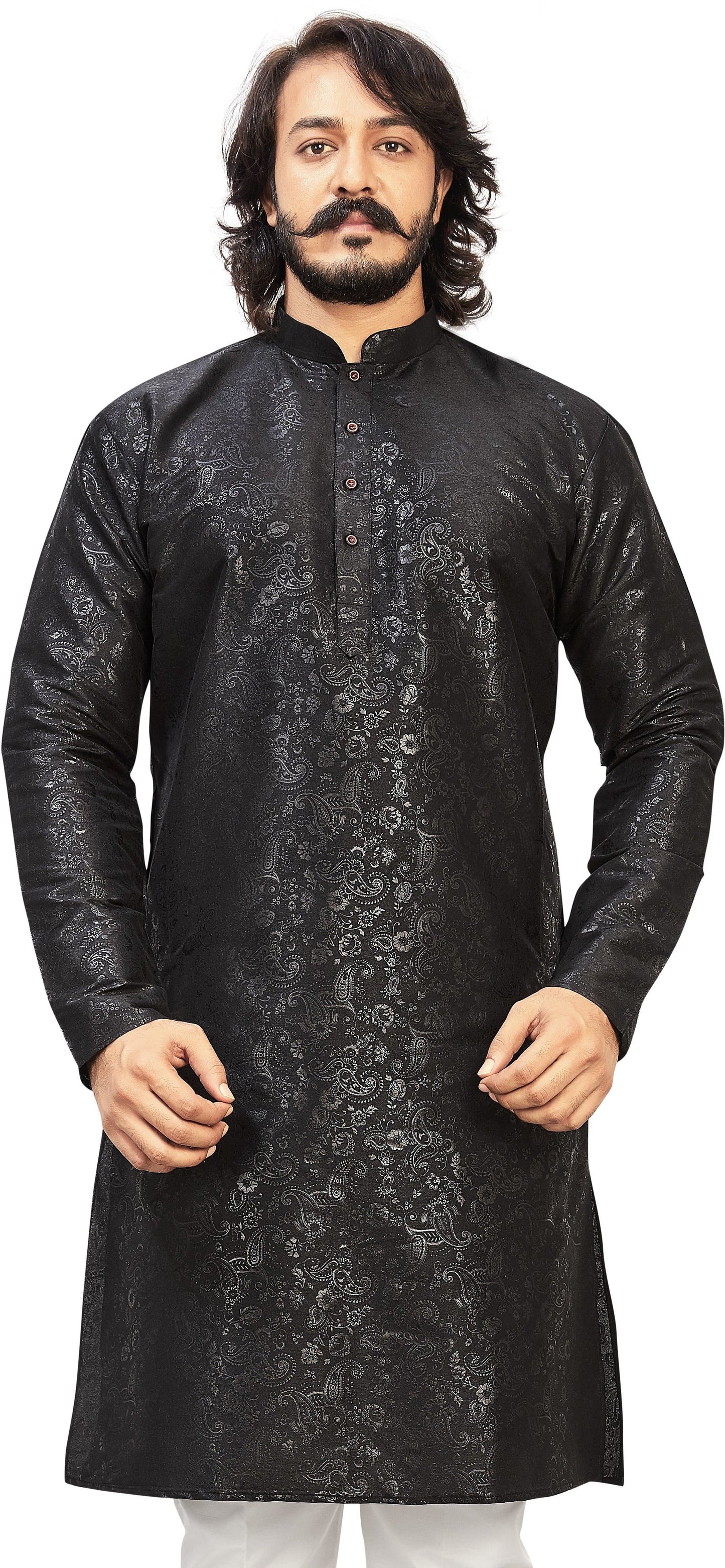 Self Design Mandarin Collar Knee Length Straight Kurta