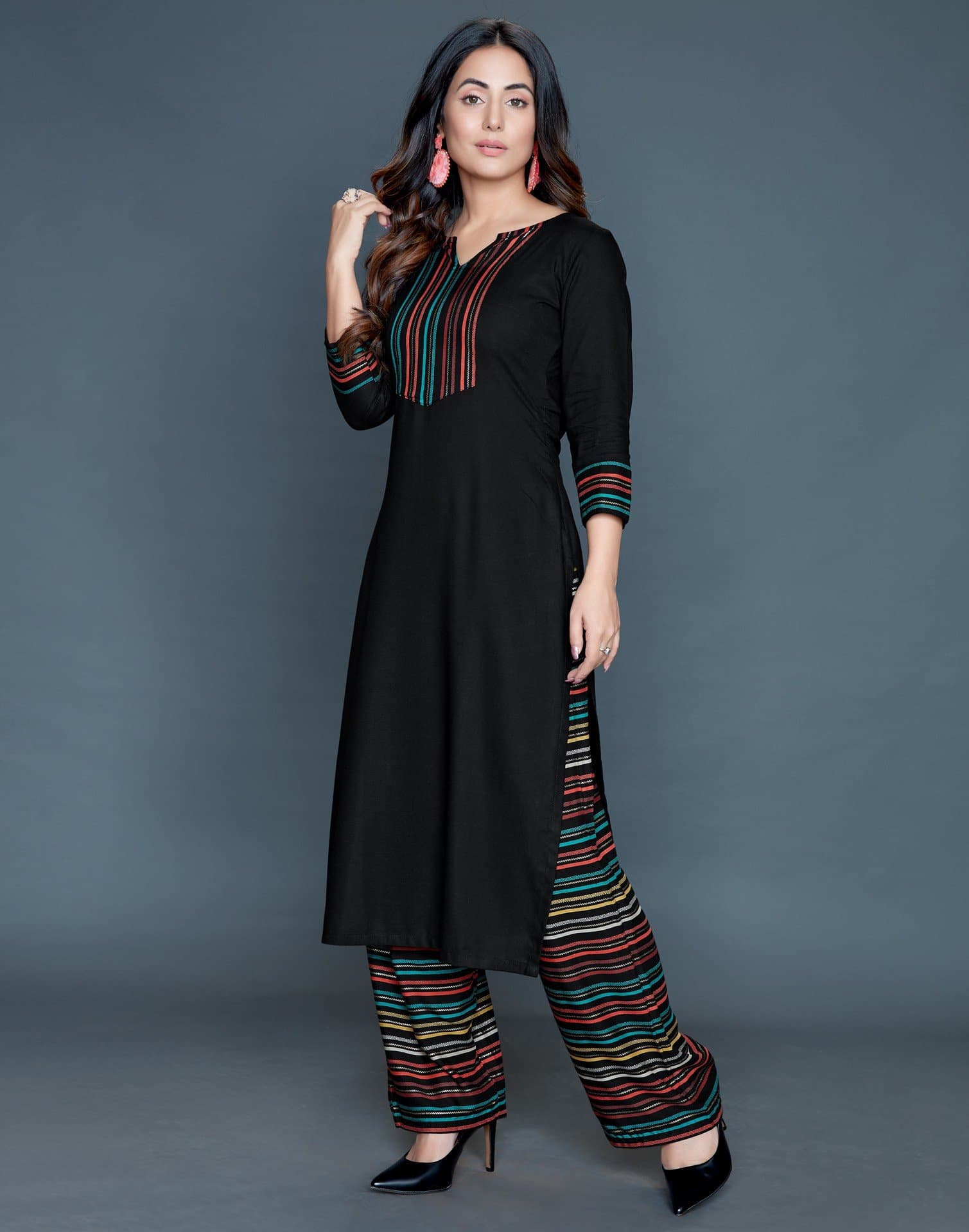 Black V-Neck Three Fourth Sleeve Striped Printed Embellished Straight Kurta