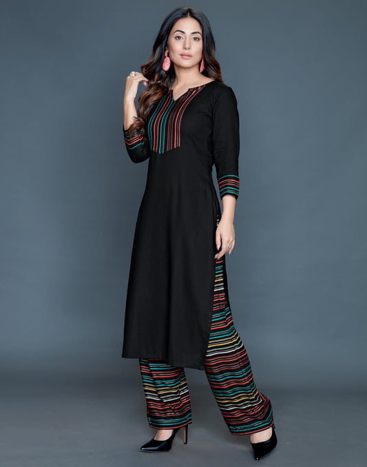 Black V-Neck Three Fourth Sleeve Striped Printed Embellished Straight Kurta