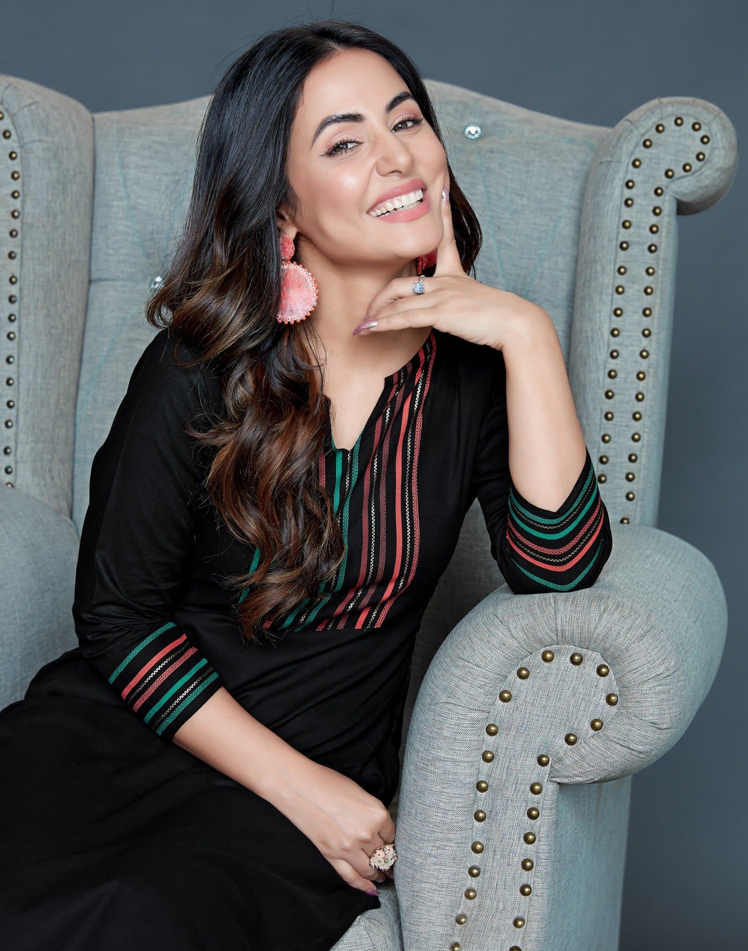 Black V-Neck Three Fourth Sleeve Striped Printed Embellished Straight Kurta