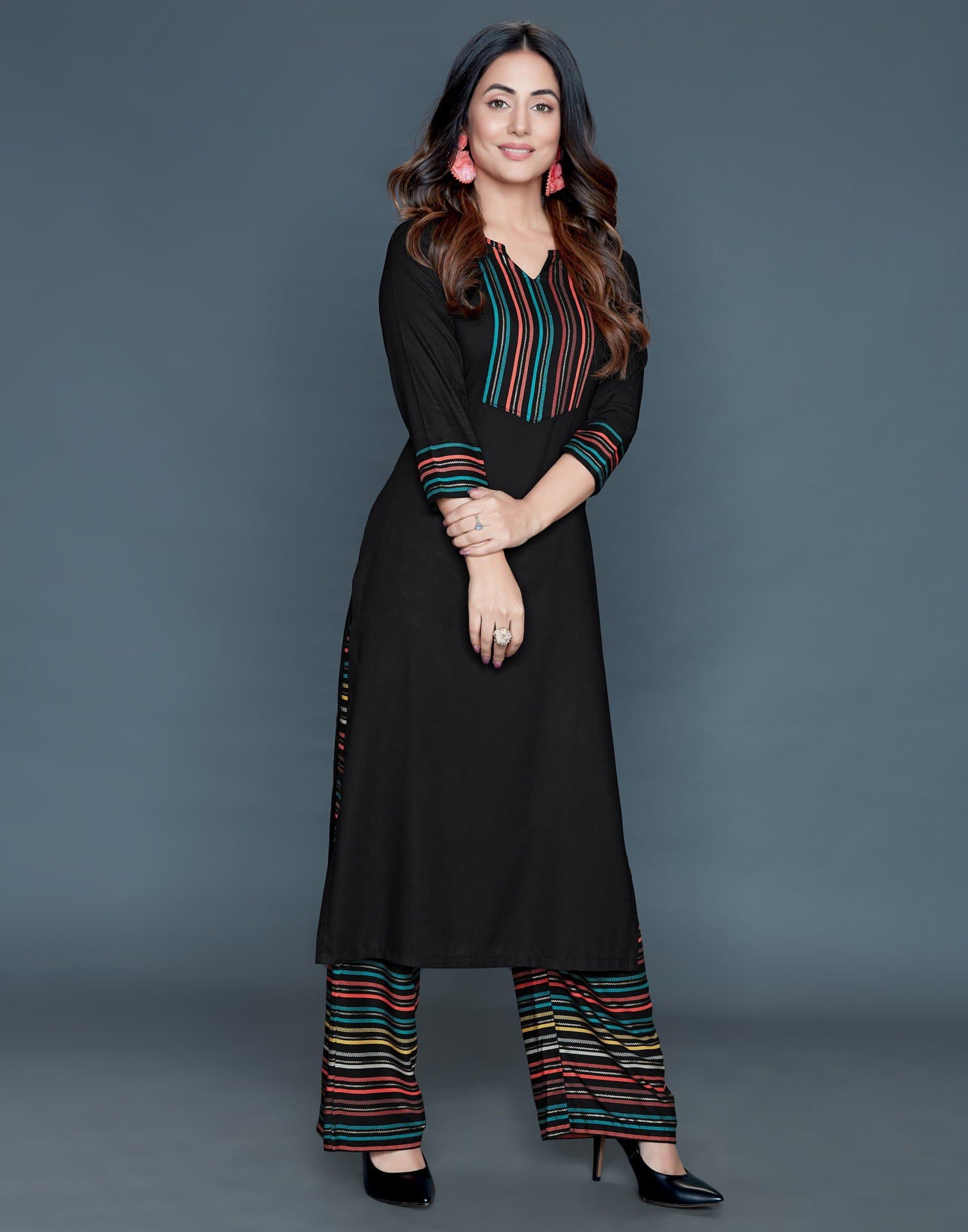 Black V-Neck Three Fourth Sleeve Striped Printed Embellished Straight Kurta