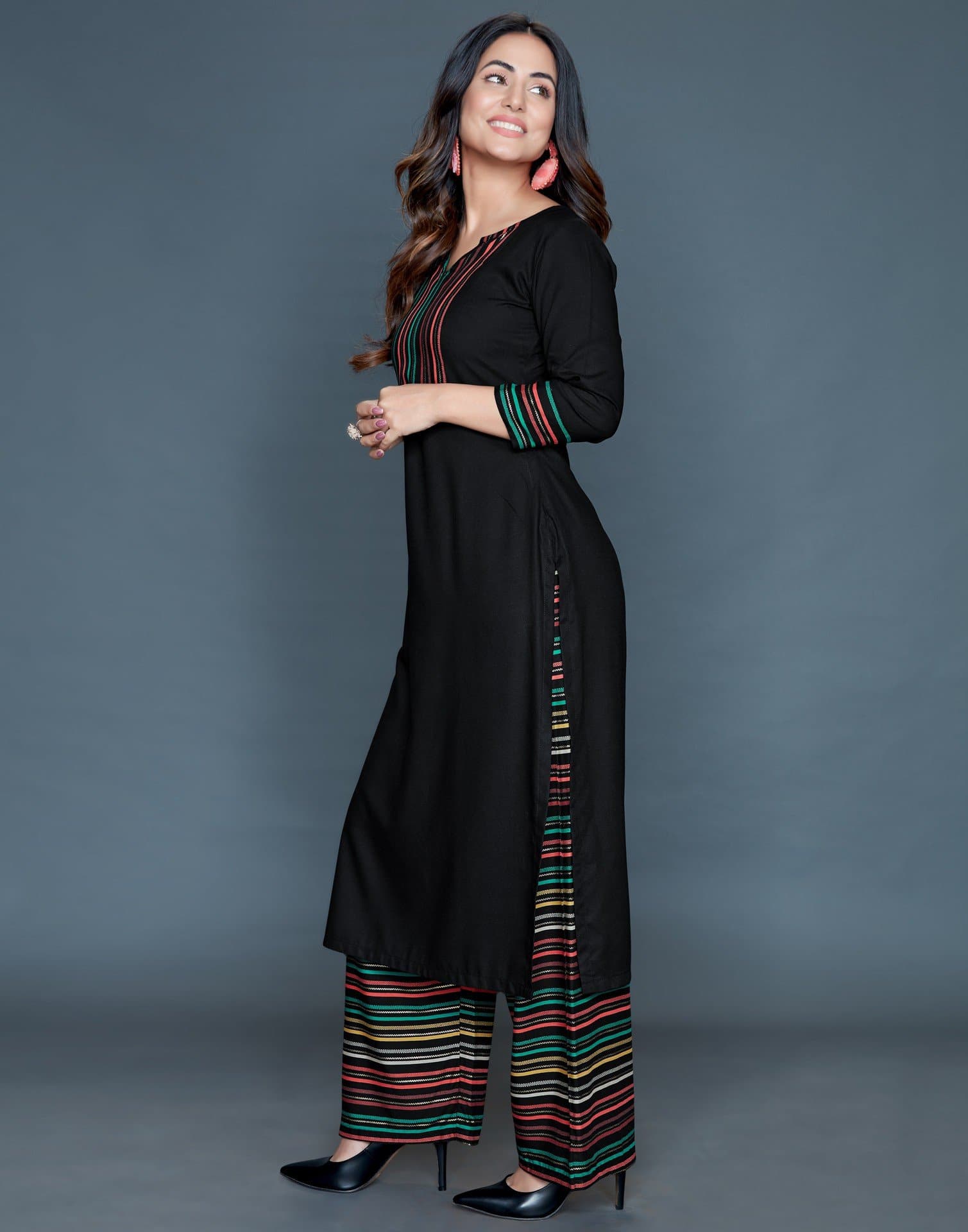 Black V-Neck Three Fourth Sleeve Striped Printed Embellished Straight Kurta