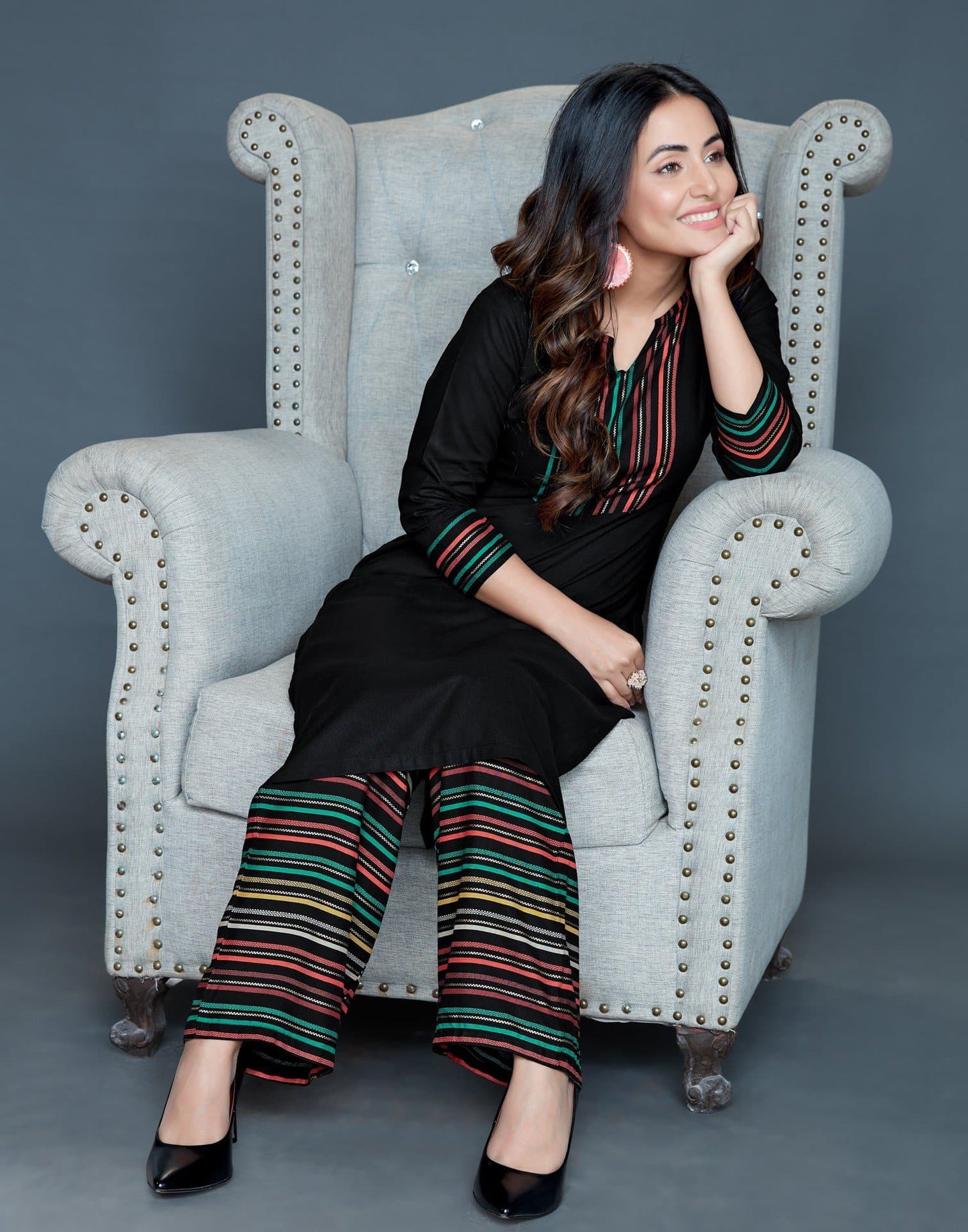 Black V-Neck Three Fourth Sleeve Striped Printed Embellished Straight Kurta