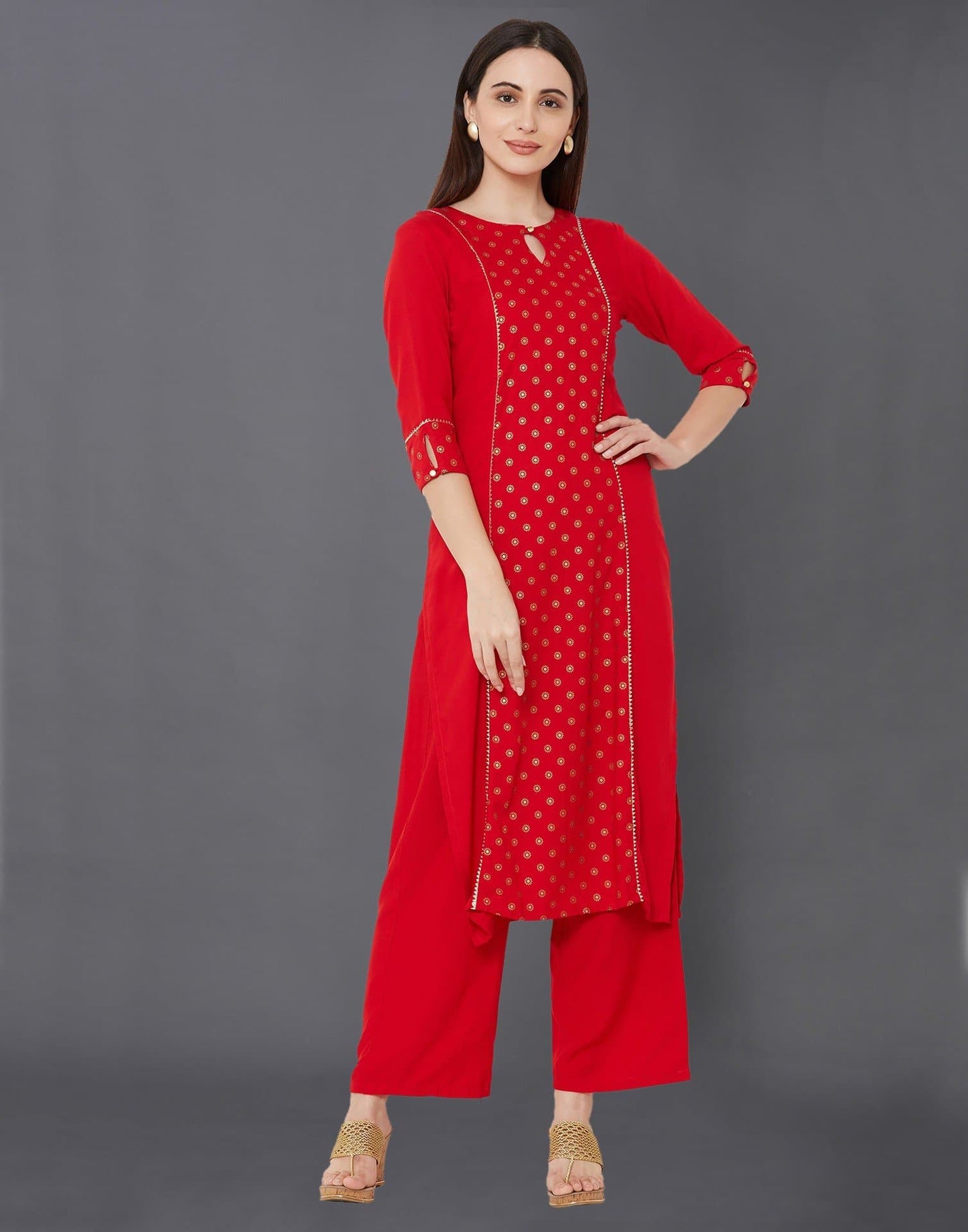 Mandarin Collar Three Fourth Sleeve Calf Length Printed Straight Kurta