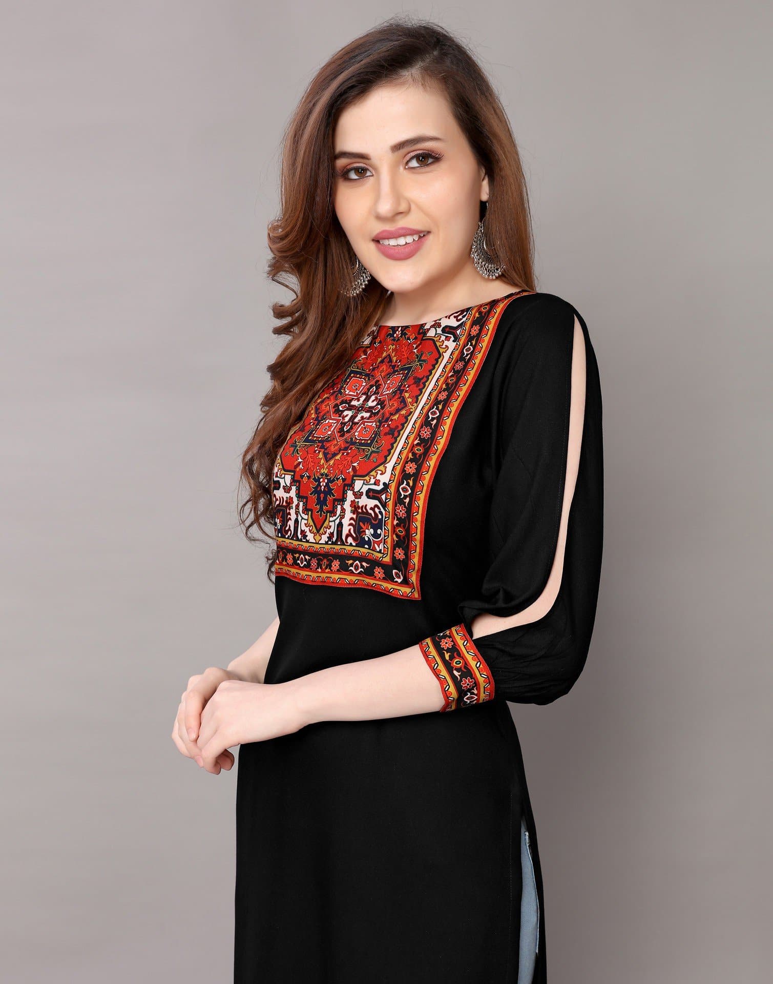 Black Boat Neck Three Fourth Sleeve Block Print Geometric Print Embellished Trail Cut Kurta