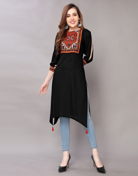 Black Boat Neck Three Fourth Sleeve Block Print Geometric Print Embellished Trail Cut Kurta