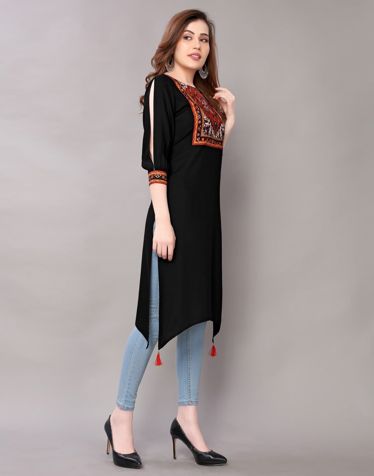 Black Boat Neck Three Fourth Sleeve Block Print Geometric Print Embellished Trail Cut Kurta