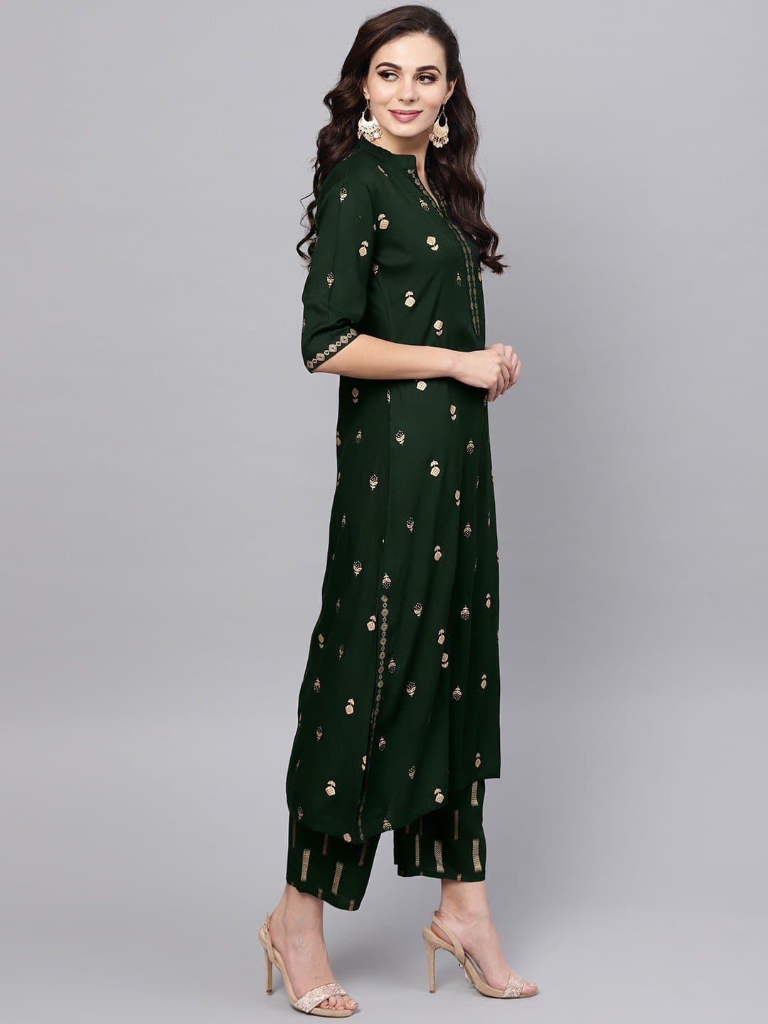 Green V-Neck Three Fourth Sleeve Kurta and Palazzo Set