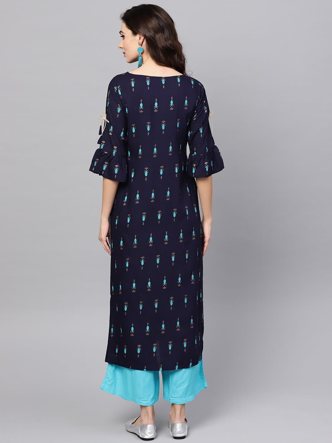 Blue Keyhole Neck Three Fourth Sleeve Printed Straight Kurta