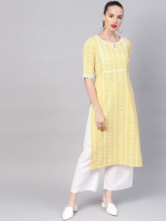 White Yellow Keyhole Neck Printed Straight Kurta