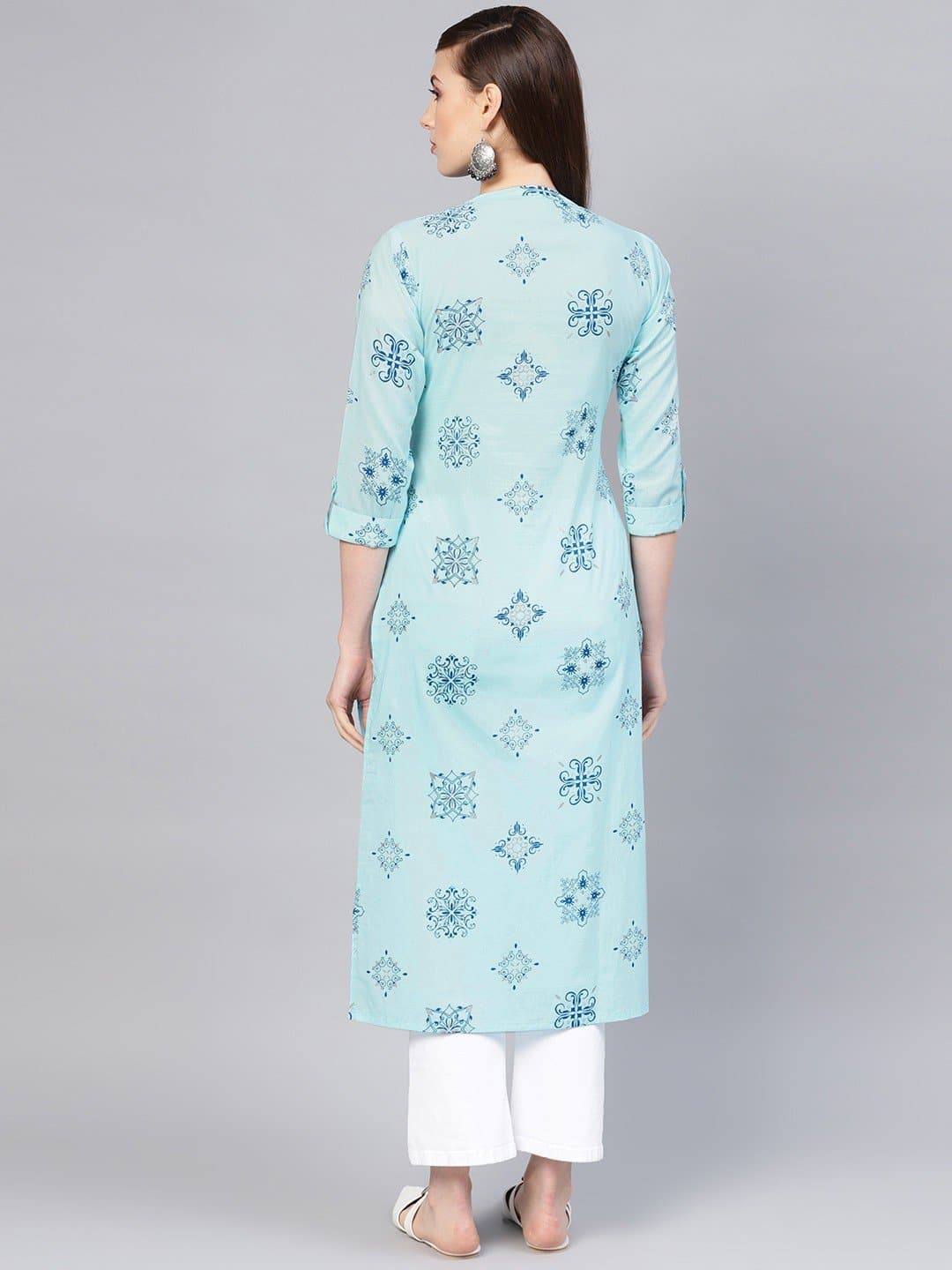 Blue Three Fourth Sleeve Mandarin Collar Printed Straight Kurta