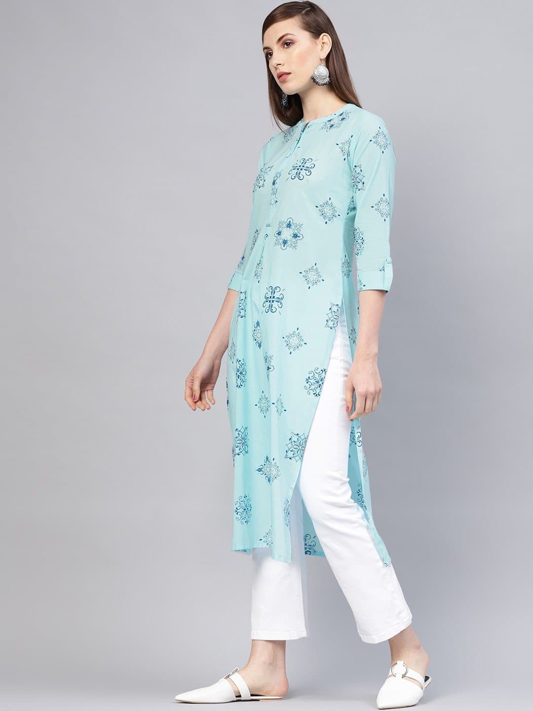 Blue Three Fourth Sleeve Mandarin Collar Printed Straight Kurta