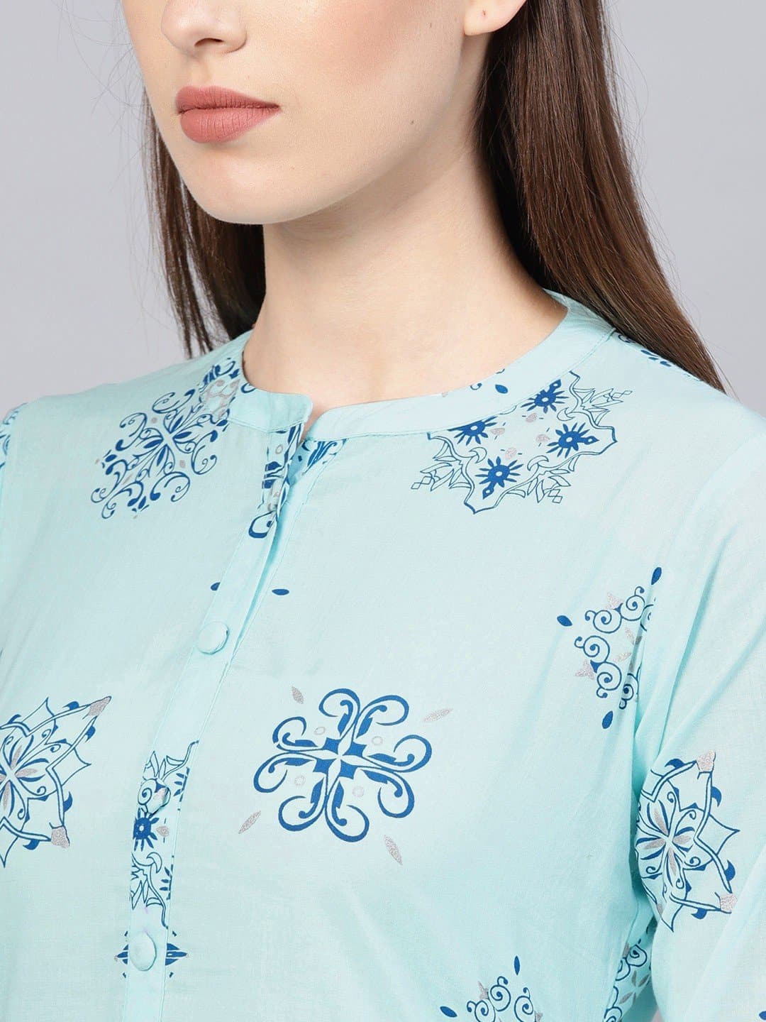 Blue Three Fourth Sleeve Mandarin Collar Printed Straight Kurta