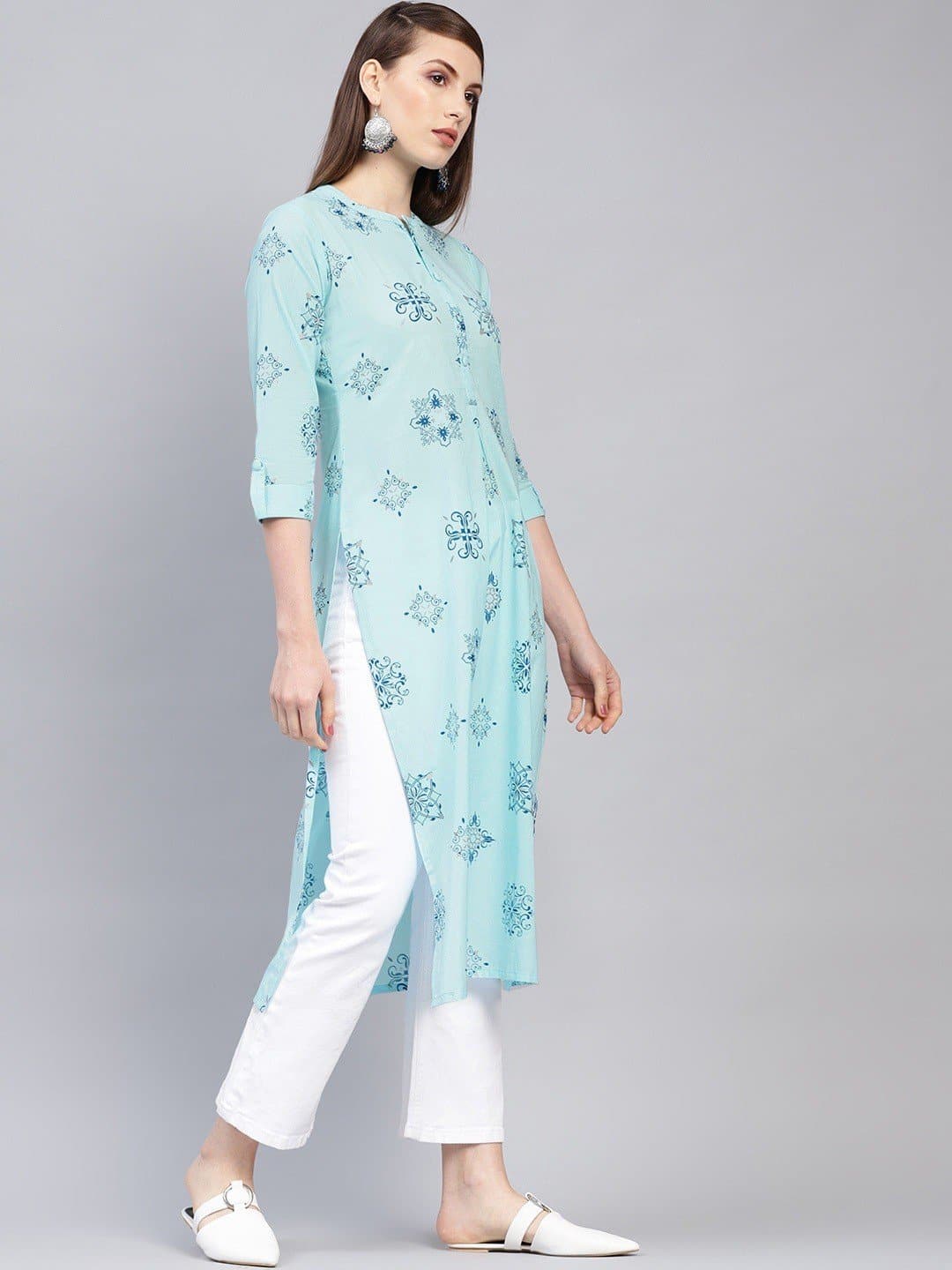 Blue Three Fourth Sleeve Mandarin Collar Printed Straight Kurta