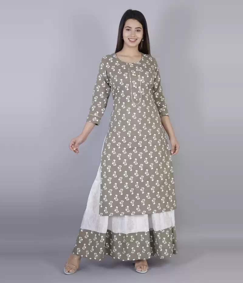 Round Neck Floral Print Kurta and Skirt Set