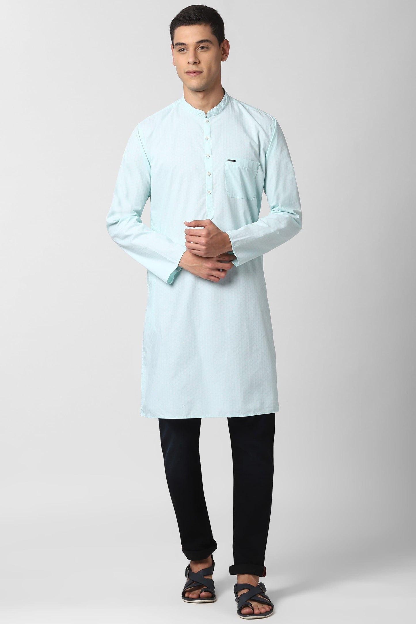 Light Green Mandarin Collar Textured Slim Fit Straight Kurta