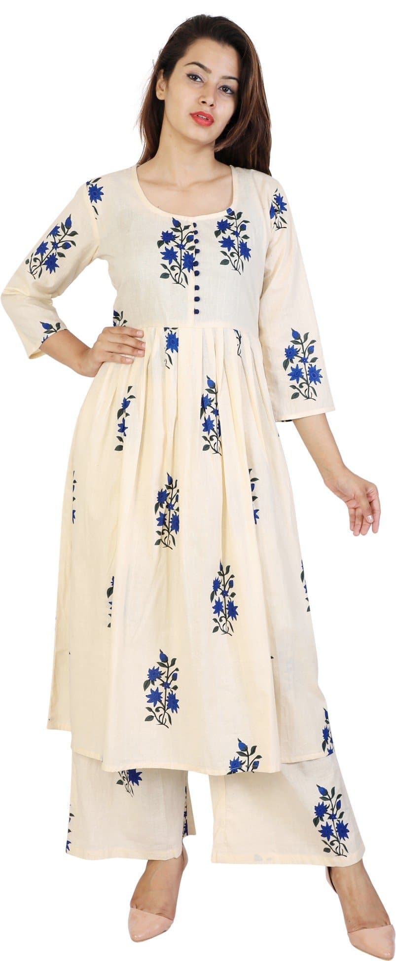 Blue Round Neck Printed Kurta and Palazzo Set