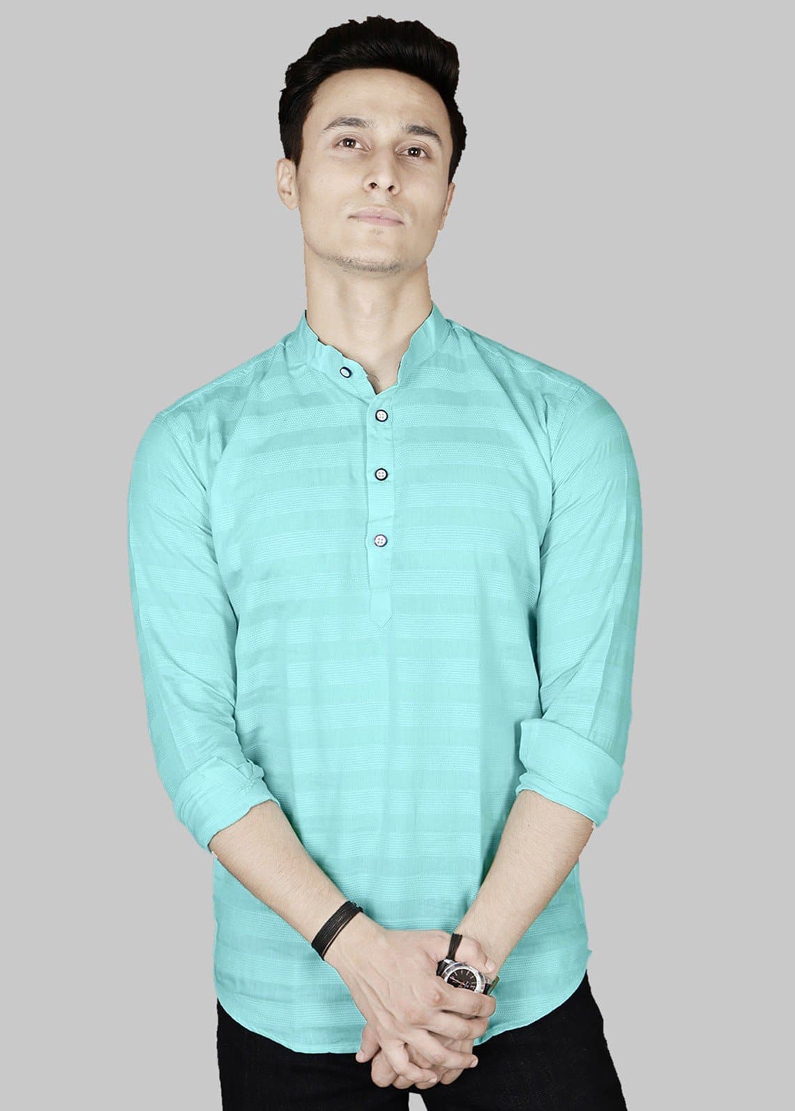 Mandarin Collar Three Quarter Sleeve Striped Straight Kurta