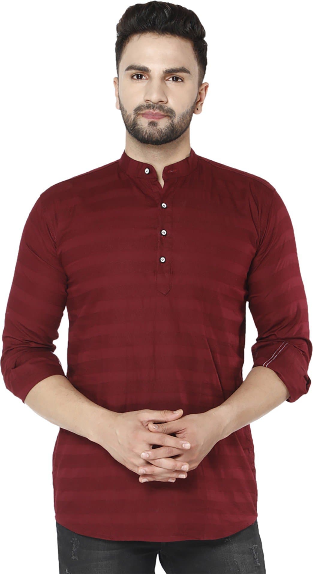 Mandarin Collar Three Quarter Sleeve Striped Straight Kurta