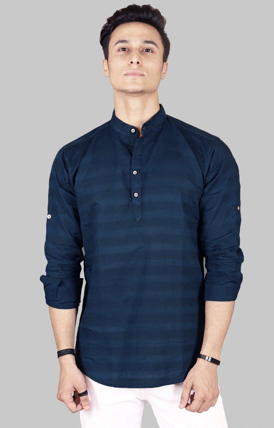 Mandarin Collar Three Quarter Sleeve Striped Straight Kurta