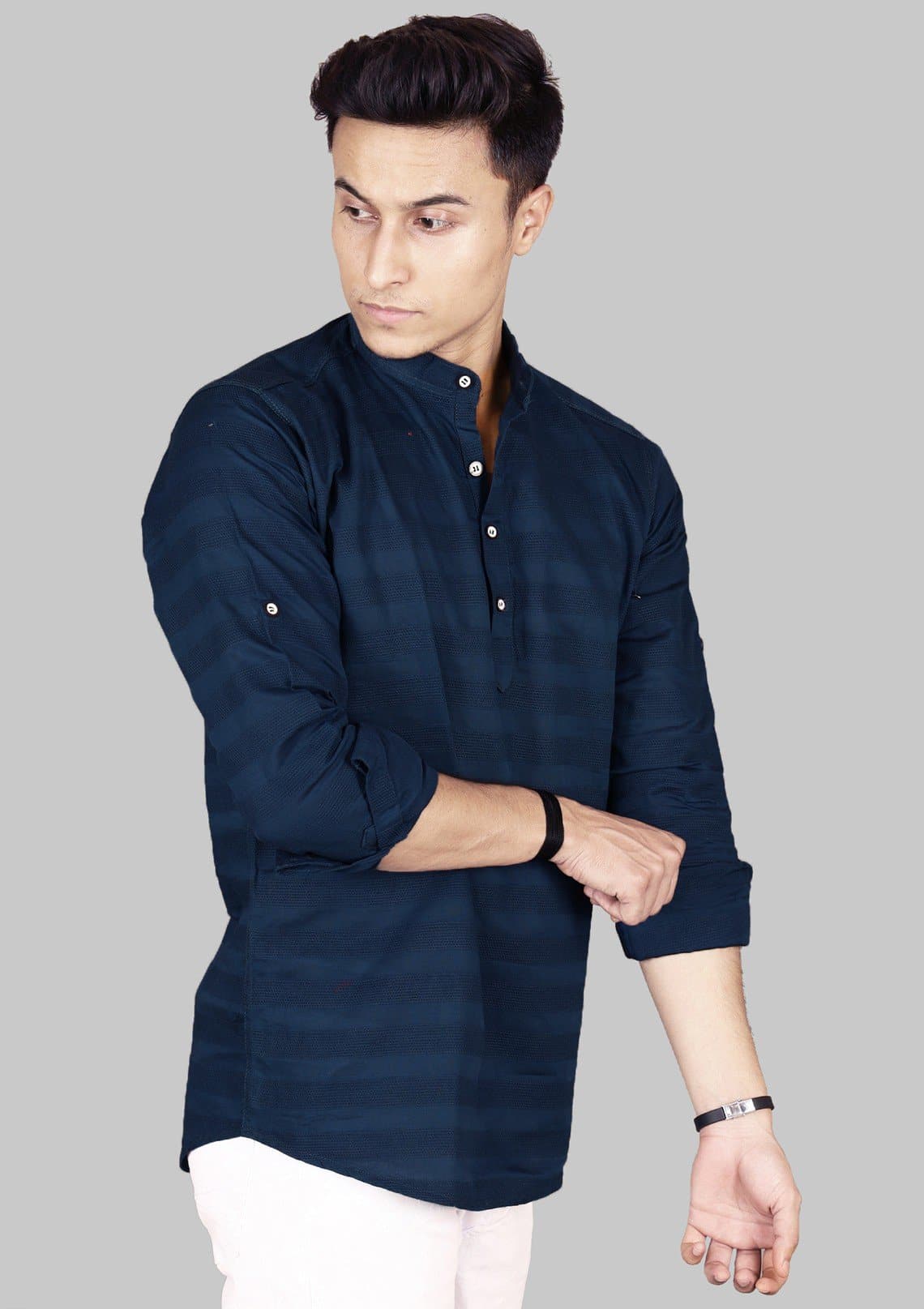 Mandarin Collar Three Quarter Sleeve Striped Straight Kurta