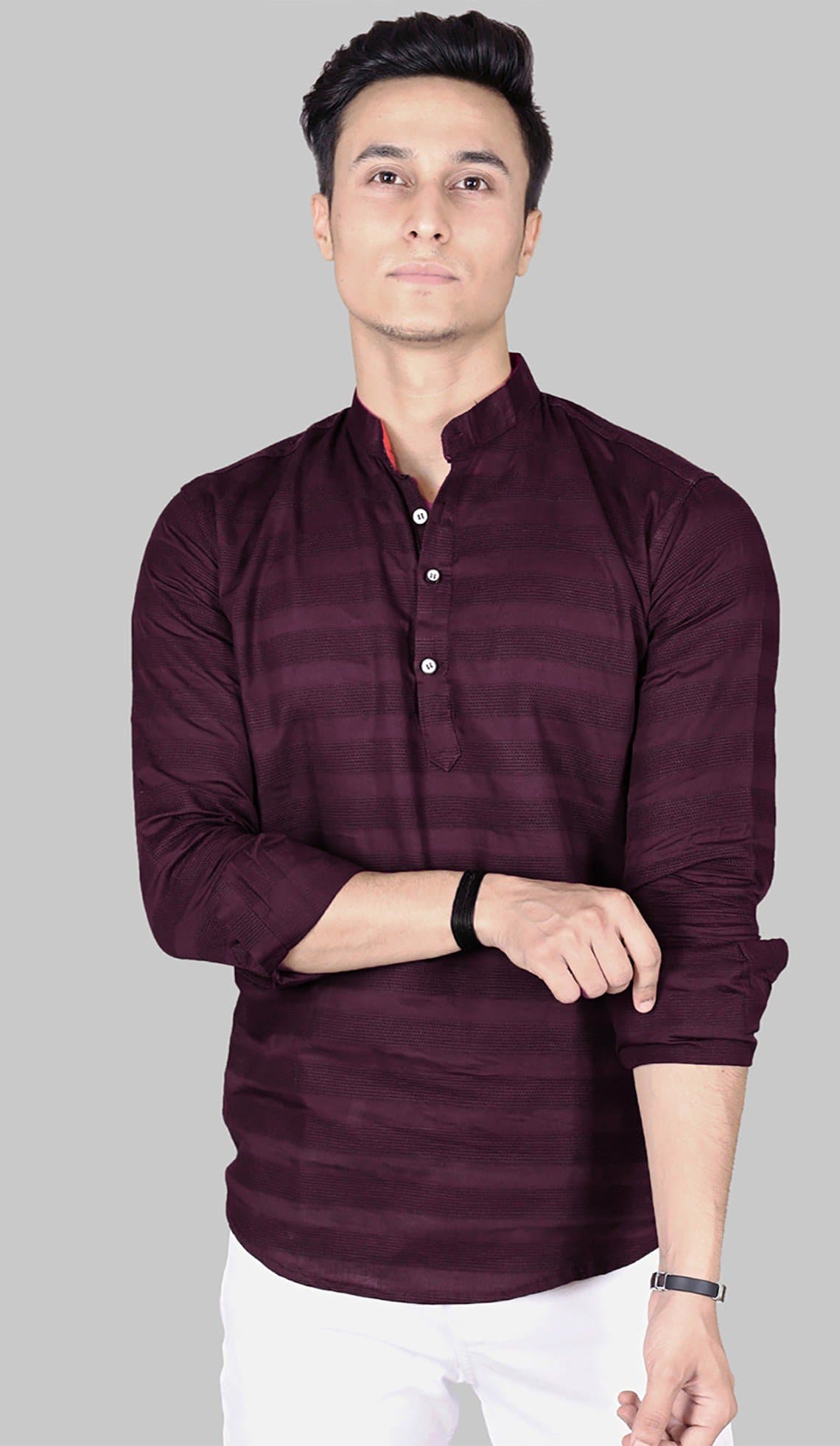 Mandarin Collar Three Quarter Sleeve Striped Straight Kurta