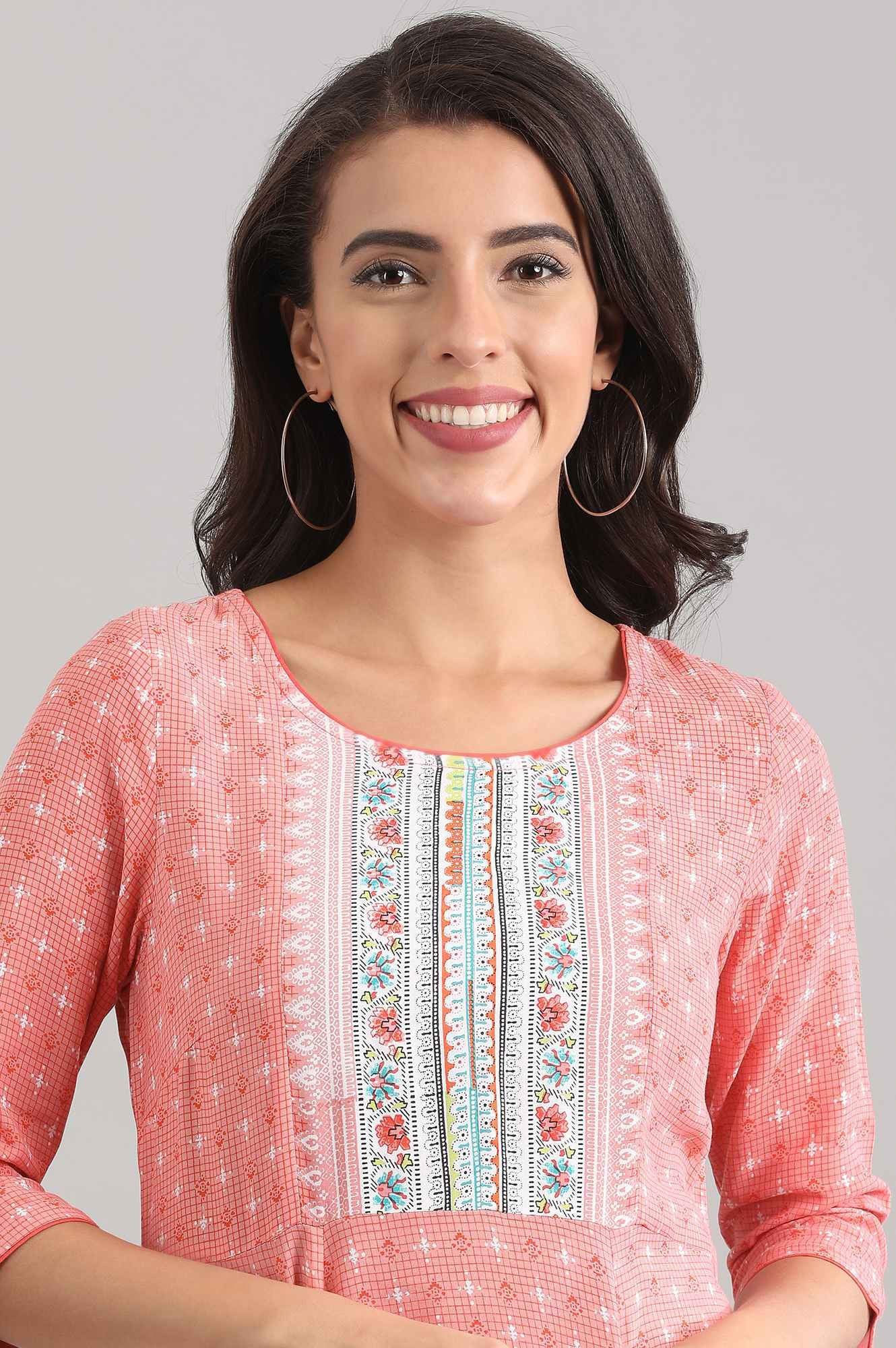 Pink Round Neck Three Fourth Sleeve Floral Print A-line Kurta