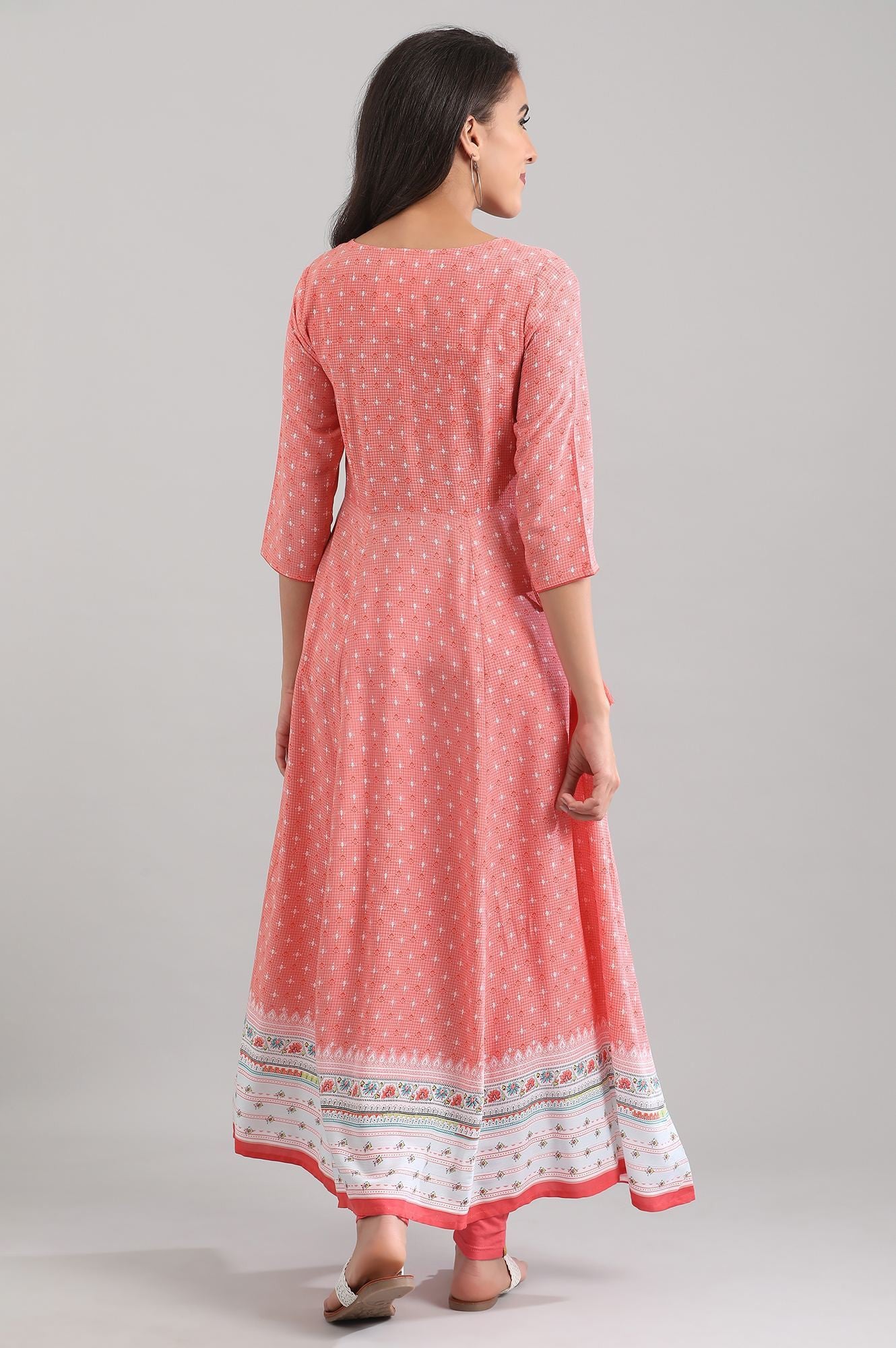 Pink Round Neck Three Fourth Sleeve Floral Print A-line Kurta