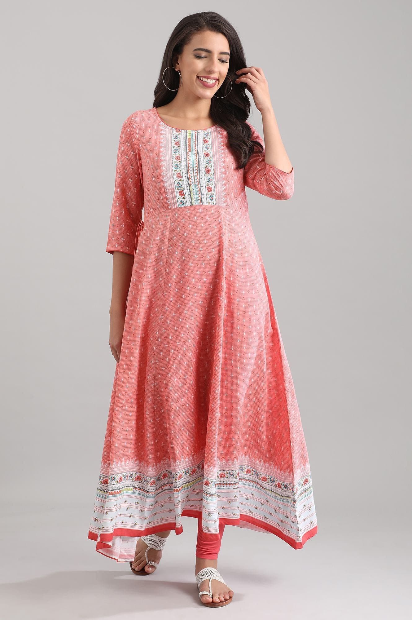 Pink Round Neck Three Fourth Sleeve Floral Print A-line Kurta