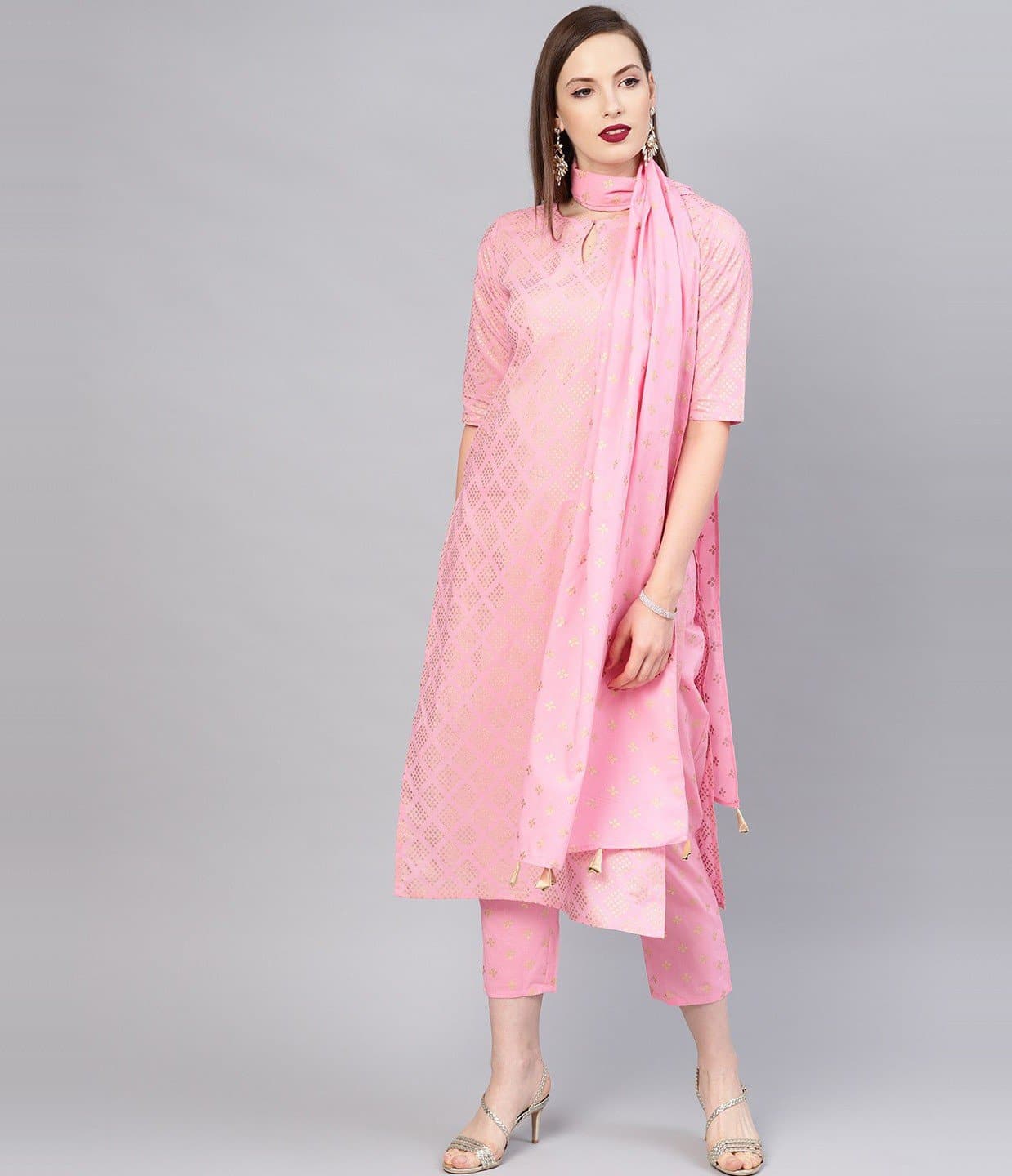 Pink Keyhole Neck Printed Kurta and Trousers Set