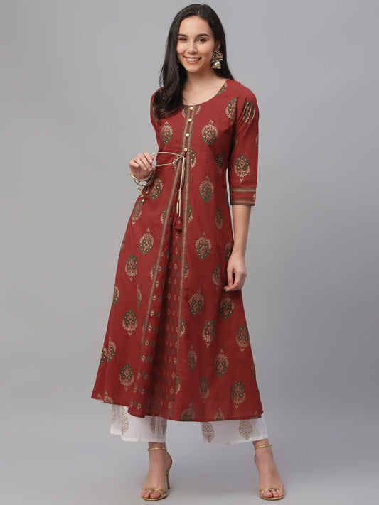 Red Floral Print A-line Cotton Kurta