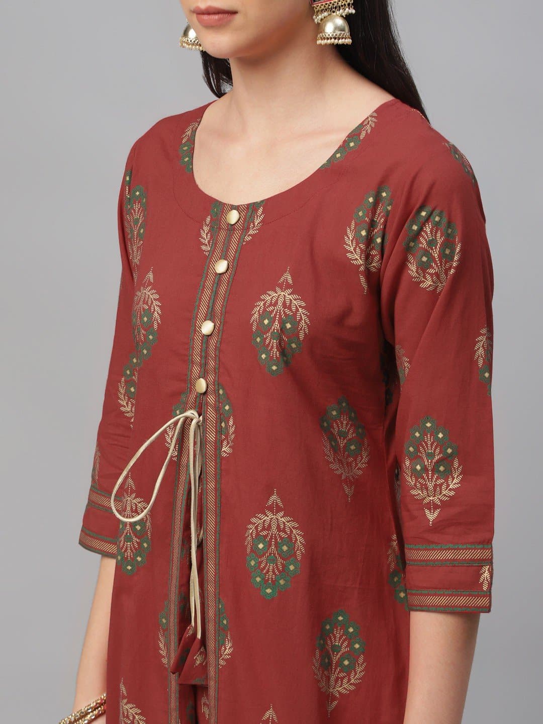 Red Floral Print A-line Cotton Kurta