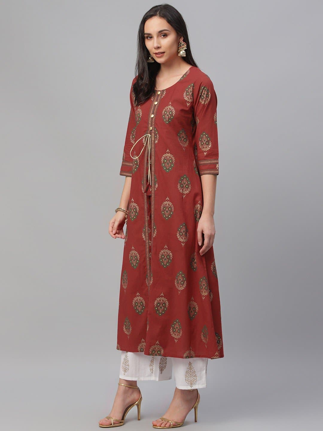 Red Floral Print A-line Cotton Kurta