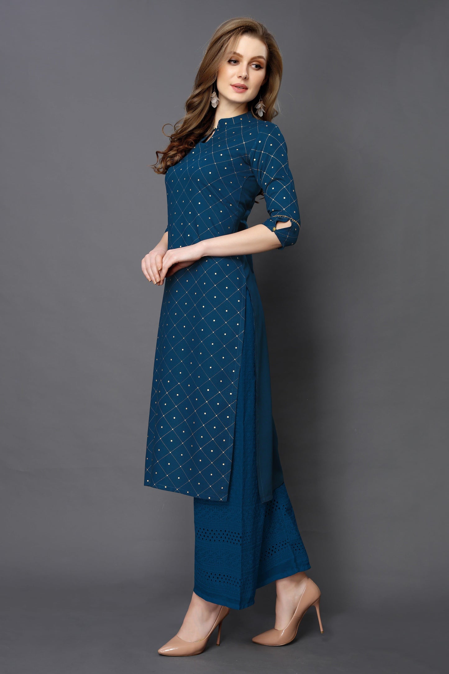 Mandarin Collar Three Fourth Sleeve Calf Length Printed Straight Kurta