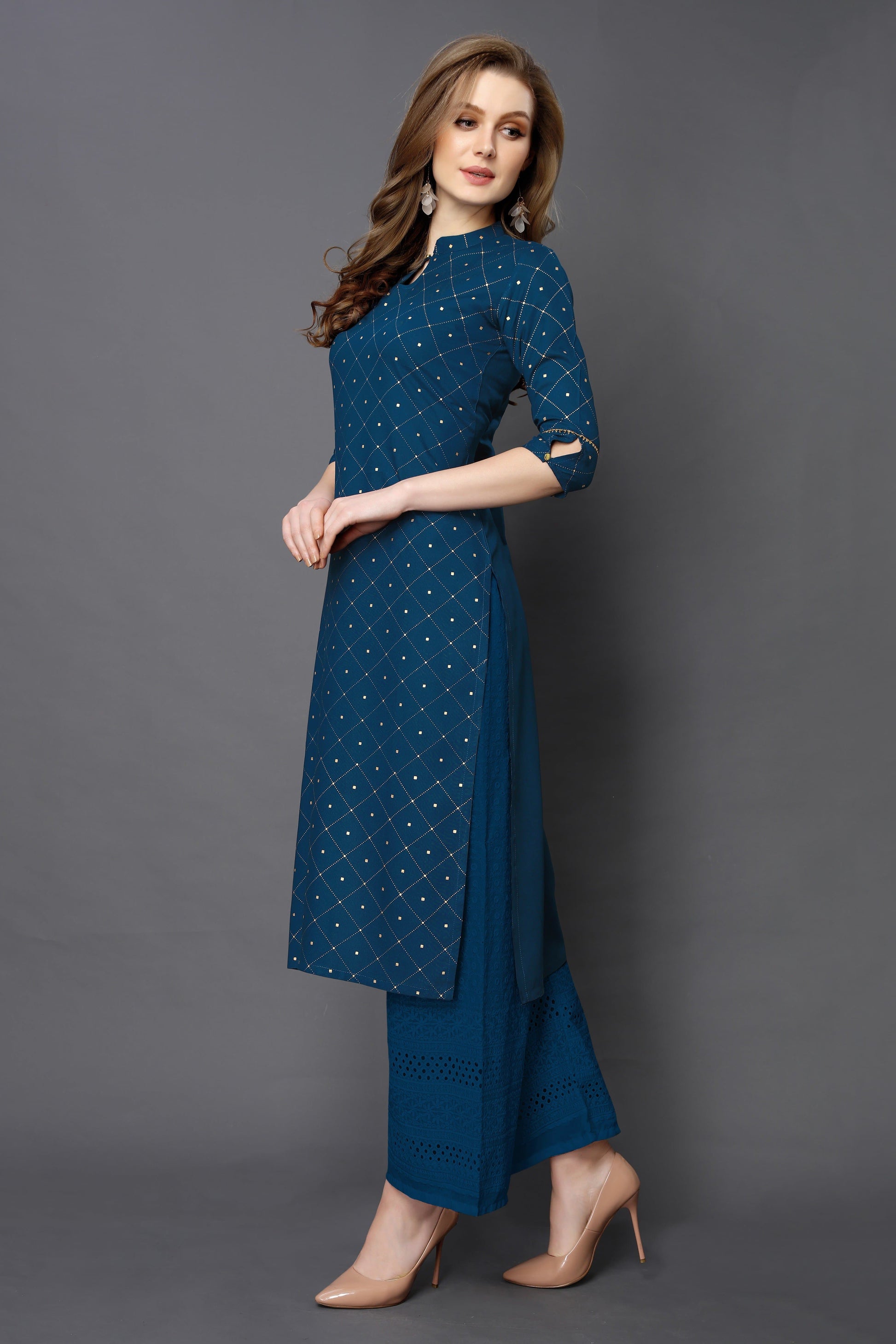 Mandarin Collar Three Fourth Sleeve Calf Length Printed Straight Kurta