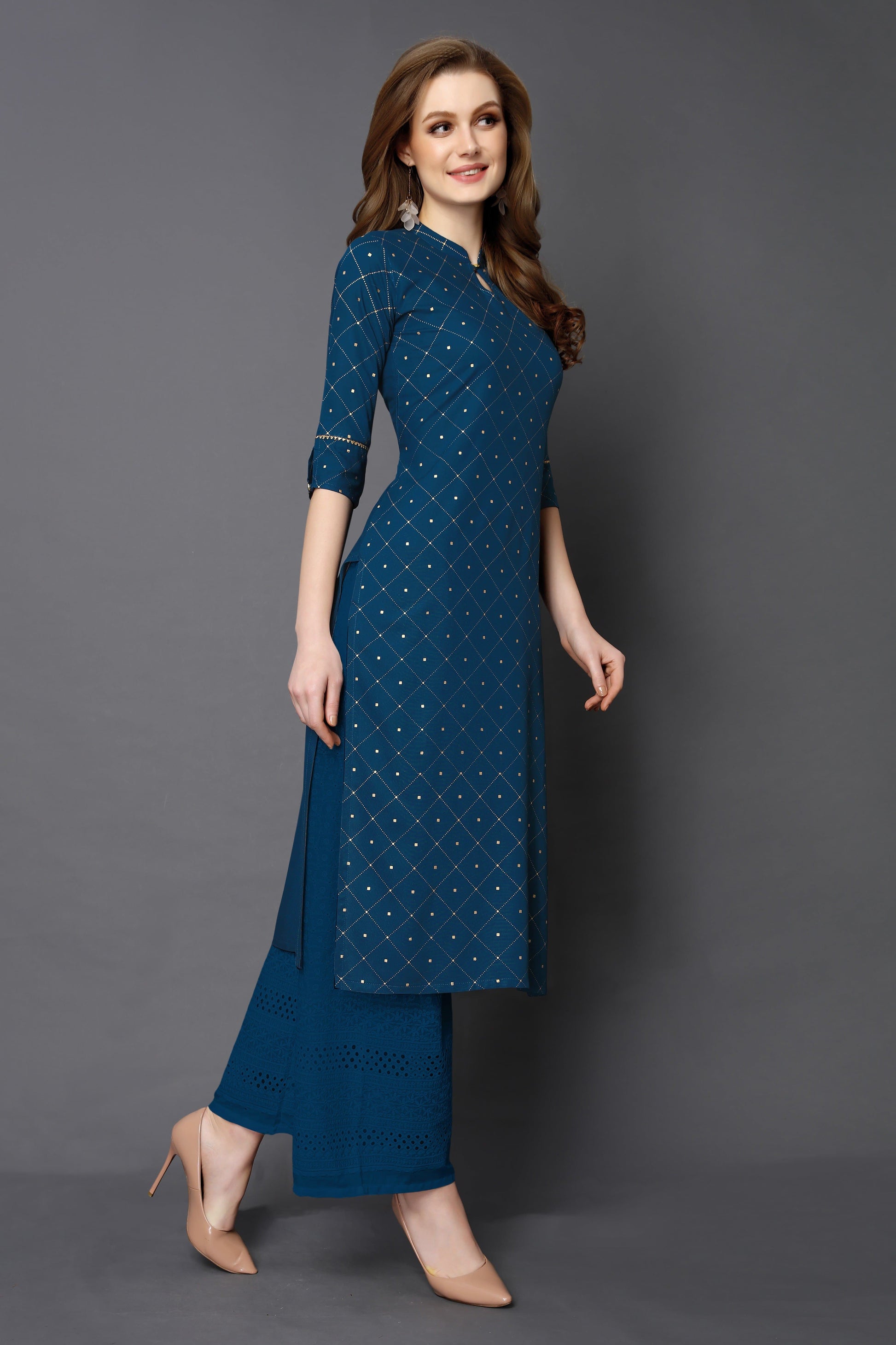 Mandarin Collar Three Fourth Sleeve Calf Length Printed Straight Kurta