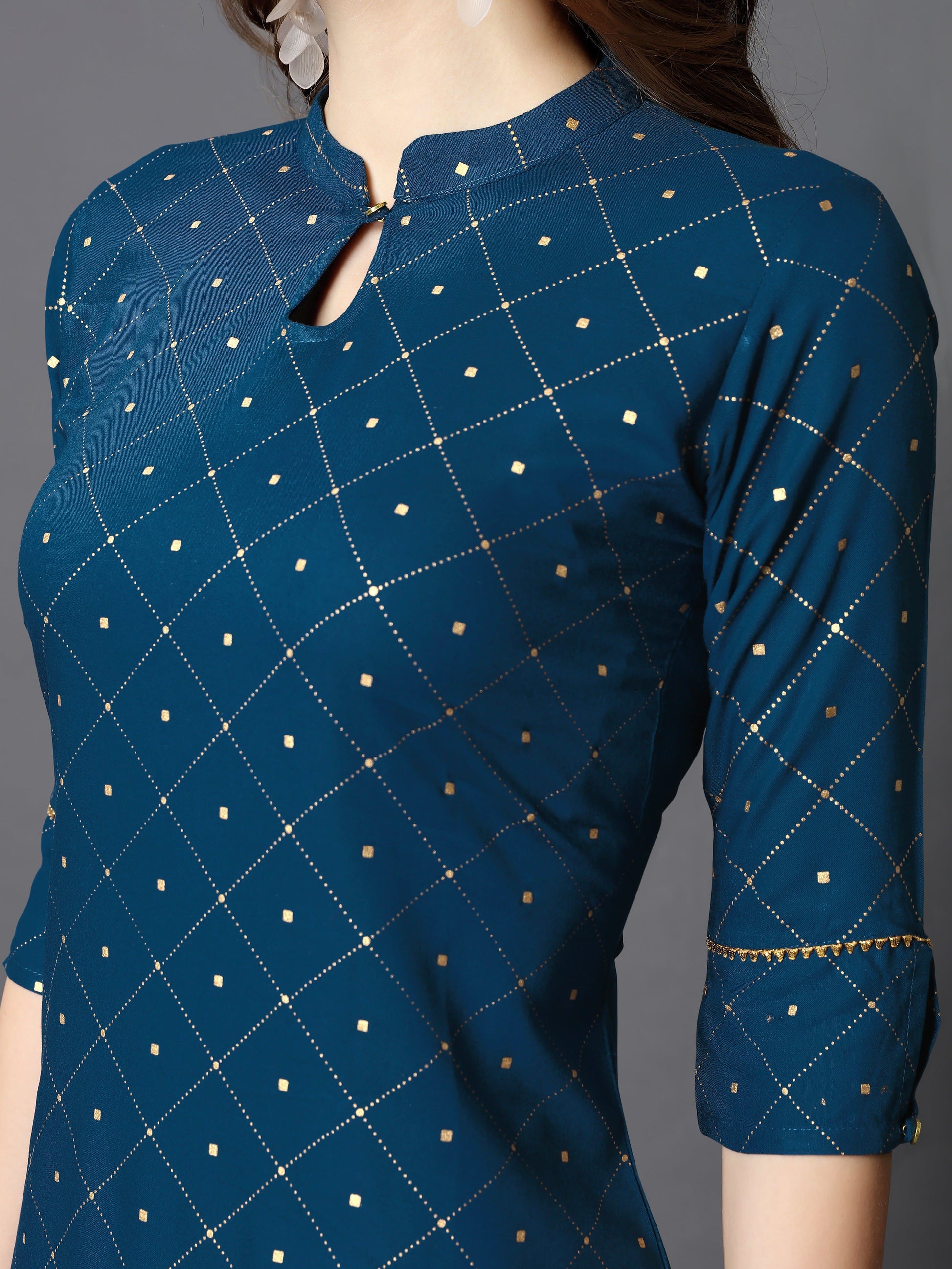 Mandarin Collar Three Fourth Sleeve Calf Length Printed Straight Kurta