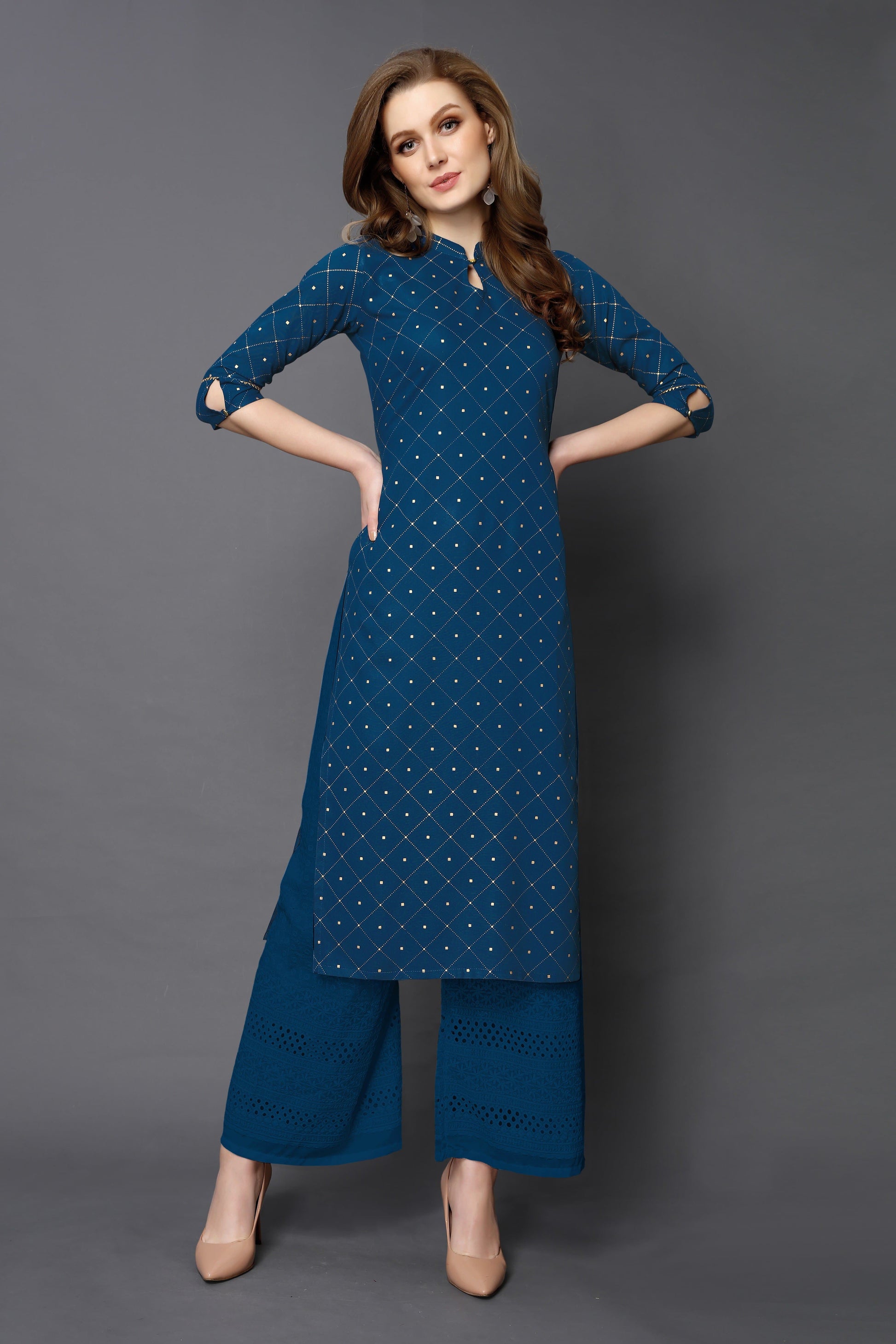 Mandarin Collar Three Fourth Sleeve Calf Length Printed Straight Kurta