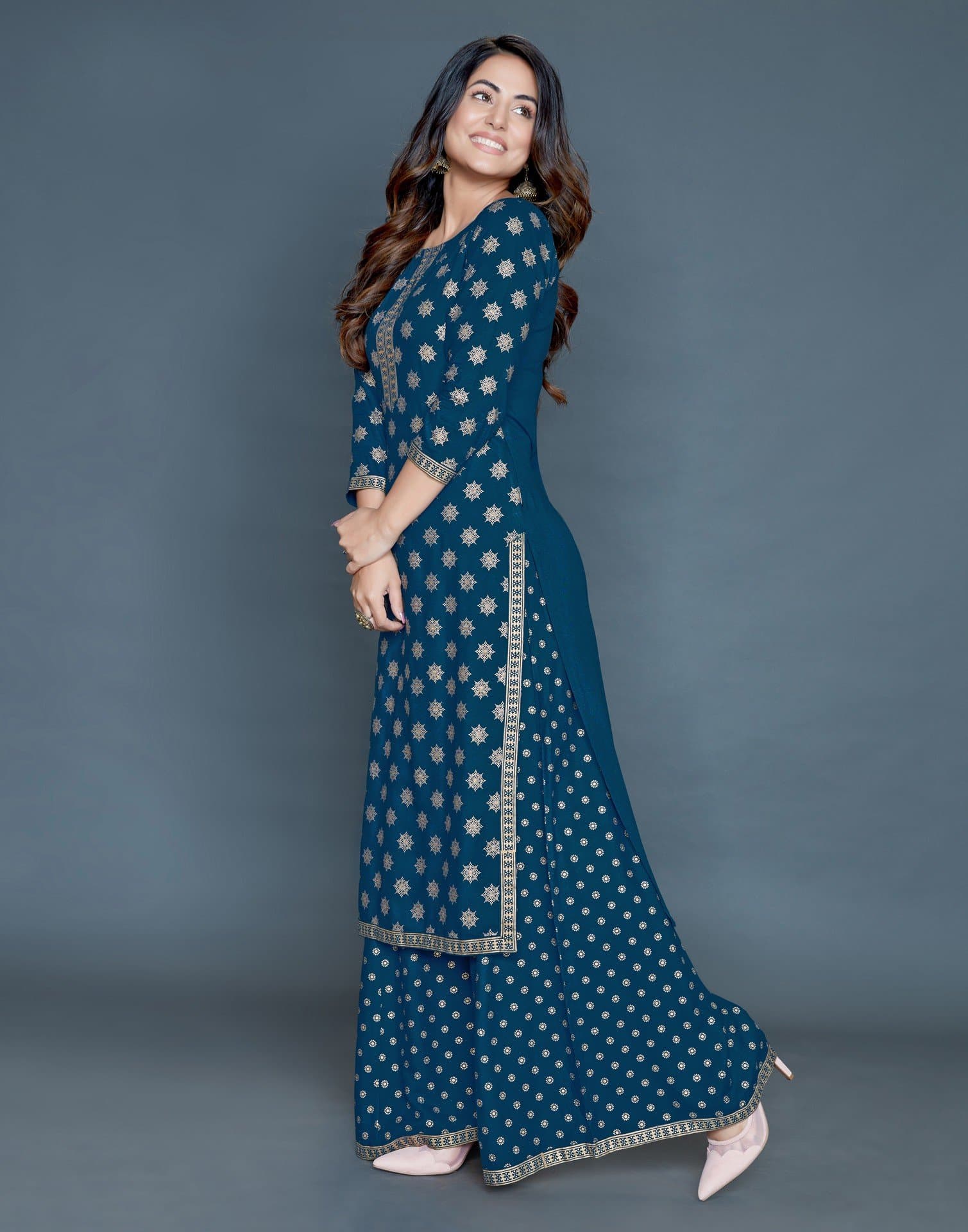 Blue Round Neck Printed Kurta and Palazzo Set