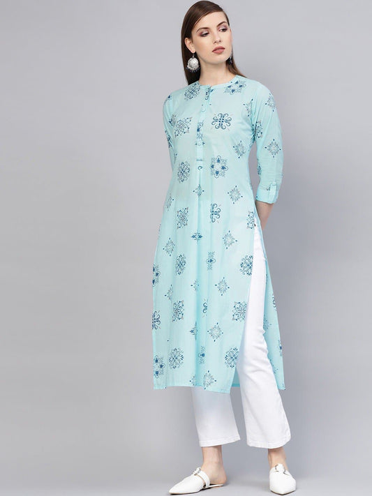 Blue Three Fourth Sleeve Mandarin Collar Printed Straight Kurta