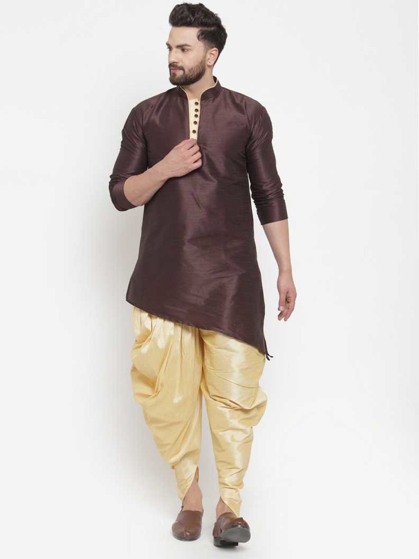 Mandarin Collar Silk Kurta and Dhoti Pant Set