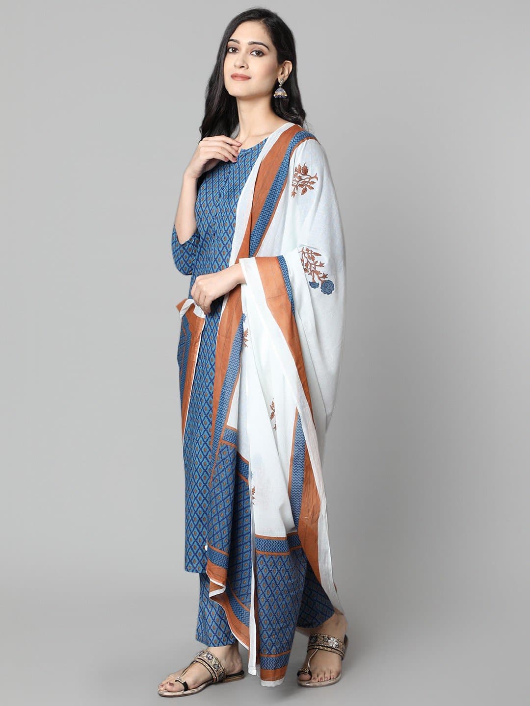 Blue V-Neck Printed Kurta and Pant Set