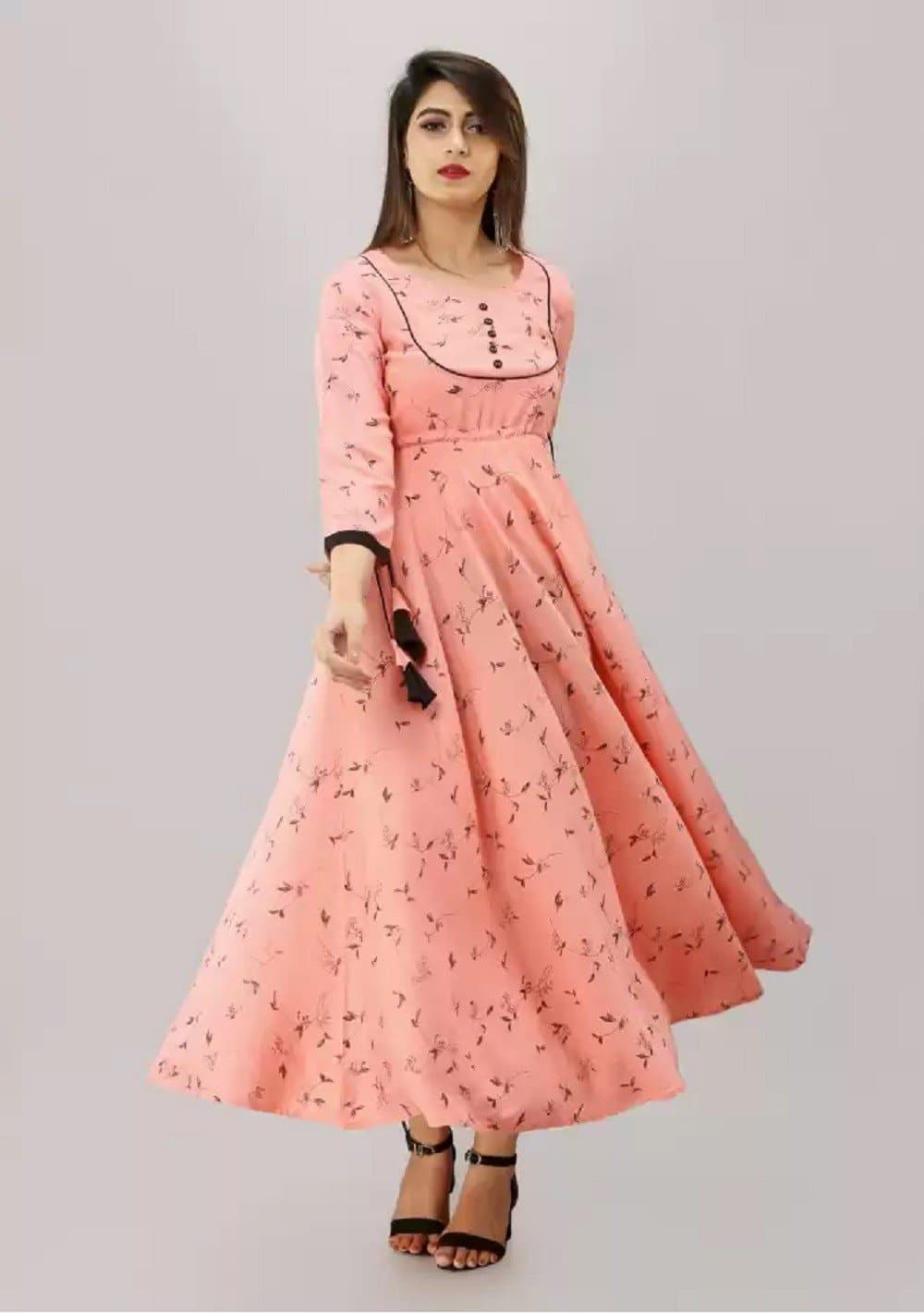 Round Neck Three Fourth Sleeve Printed Flared Kurta