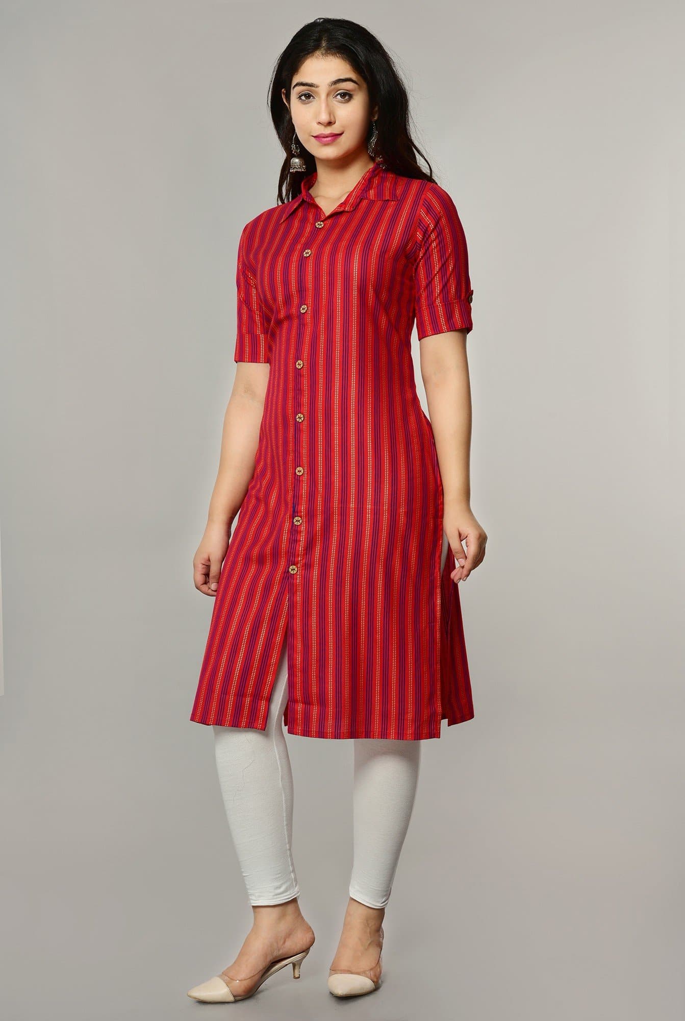 Shirt Collar Calf Length Printed Straight Kurta