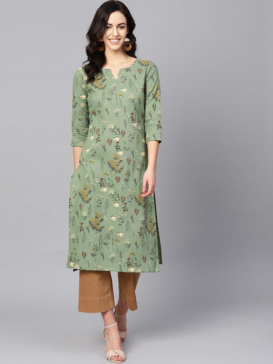 Green Sweetheart Neck Three Quarter Sleeve Printed Straight Kurta