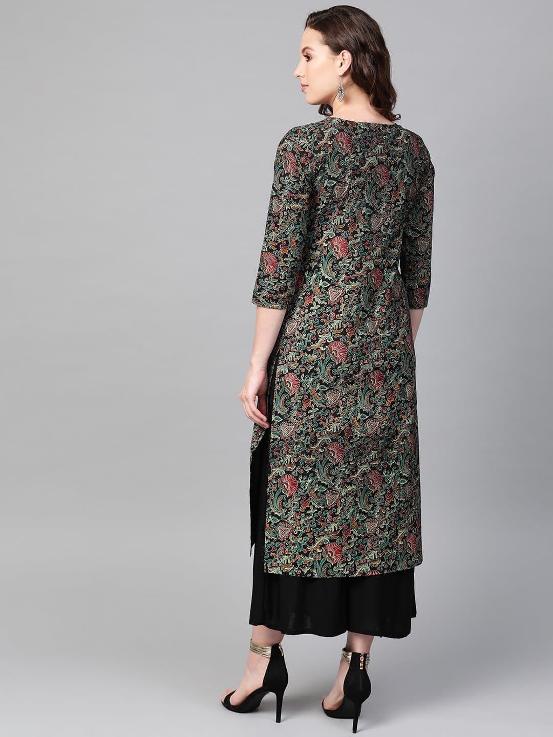 Sweetheart Neck Three Fourth Sleeve Calf Length Printed Straight Kurta